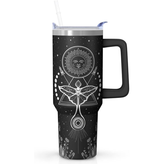 Mystic Moon & Sun Tumbler, 40oz Gothic Celestial Travel Mug with Straw, Spiritual Boho Moth Design Stainless Steel Cup for Witchy Souls