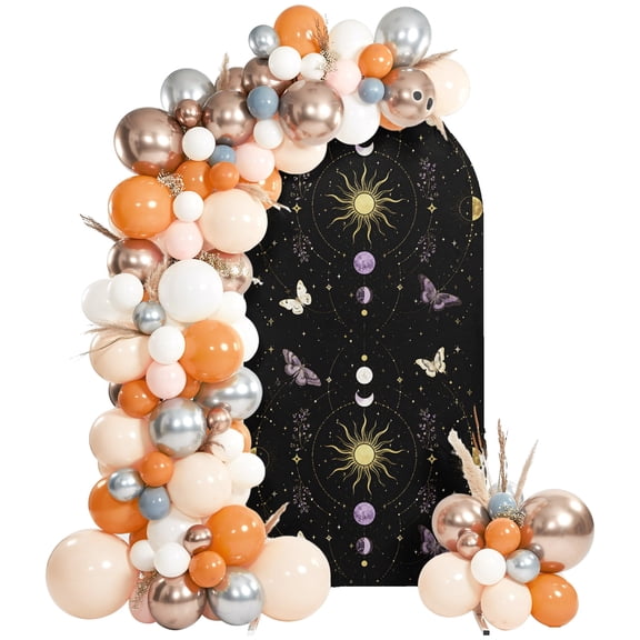 Mystic Night Sky Arch Backdrop Cover 6.6Ft, Wedding Arch Covers Stretchy Backdrop, Golden Sun Moon Stars Butterfly Fitted 2 Sided Arched Photo Background for Birthday Party Decorations