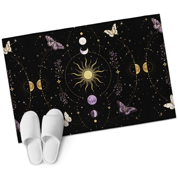 Mystic Night Sky Bathroom Rug Washable 2x3 Entryway Rug Non Slip Golden Sun Moon Stars Butterfly Front Door Mat Low Pile Indoor Doormat Throw Floor Carpet for Kitchen Bedroom Entrance