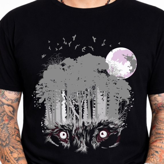 Tree Plan In Graphics Mystic Owl Eyes Forest Trees Flying Birds Full Moon Vintage Graphic T ...