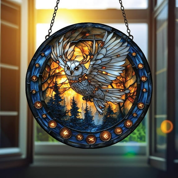 Mystic Owl in Rune Circle Acrylic Suncatcher fullxfull White Forest Guardian Flying Across Flames, Viking Symbol Window Hanging Decor