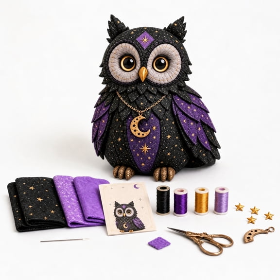 Mystic Patchwork Animal Sewing Kit, Dark Starry Patchwork Fantasy Creature Sewing Craft Set, Crescent Moon Charm Included, Relaxing Leisure Hand Sewing Hobby Kit for Halloween Gift (Star Owl)