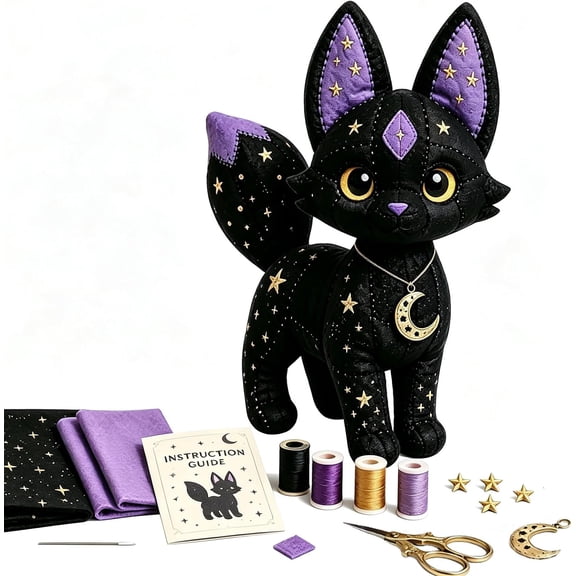 Mystic Patchwork Animal Sewing Kit, Mystic Patchwork Star Cat Sewing Kit with Sewing Supplies, DIY Plush Craft Kit with Starry Fabric, Moon Charm, Star Cat Dragon Wolf Bat Owl for Beginners (Cat)