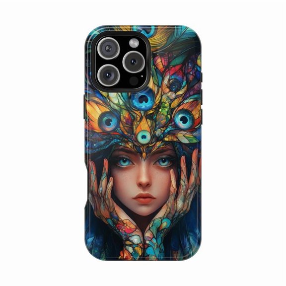 Mystic Peacock Feathers Girl Fantasy Artwork Phone Case with iPhone 11 to 17 Pro Max