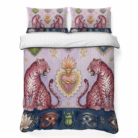 Mystic Pink Leopard 3 Piece Quilt Bedding Set with 2 Pillow Shams, Boho Heart Eye Beetle Lotus Eclectic Lightweight Bedspread Coverlet, Soft Breathable All Season Quilt, 79 x 90 Inch