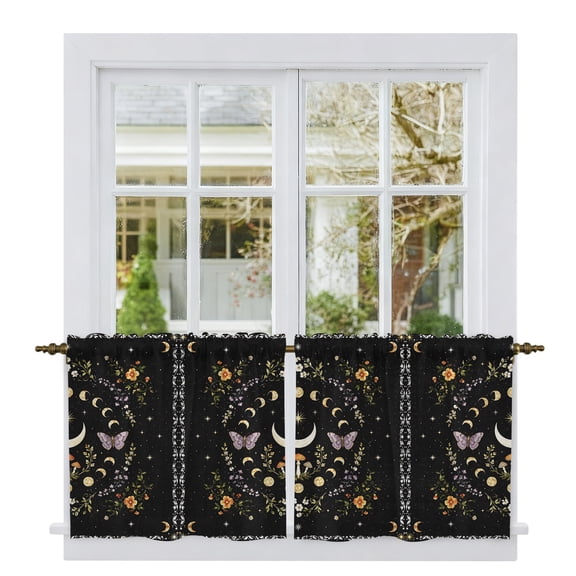 Mystic Plants Tier Curtains 24 Inch Length, Black Moon Botanical Floral Leaves Butterfly Cafe Short Curtains for Bathroom Over Sink, Small Kitchen Curtain Light Filtering Drapes 2 Panels 27.5"Wx24"L