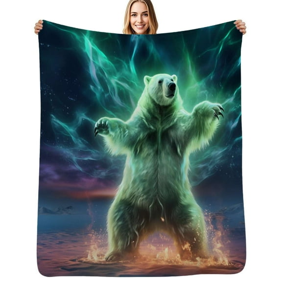 Mystic Polar Bear Aurora Flannel Blanket Warm Soft Bedding Throws Winter Camping Chair Sofa Bed