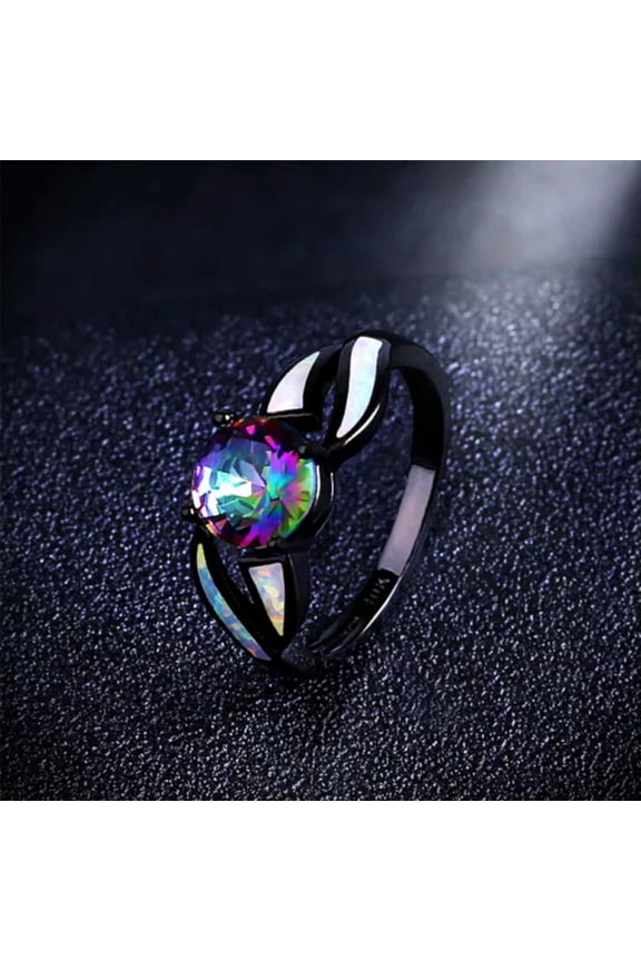 Mystic Rainbow Opal Band Men/Women 10KT Black Gold Filled Wedding Ring Size 6-10