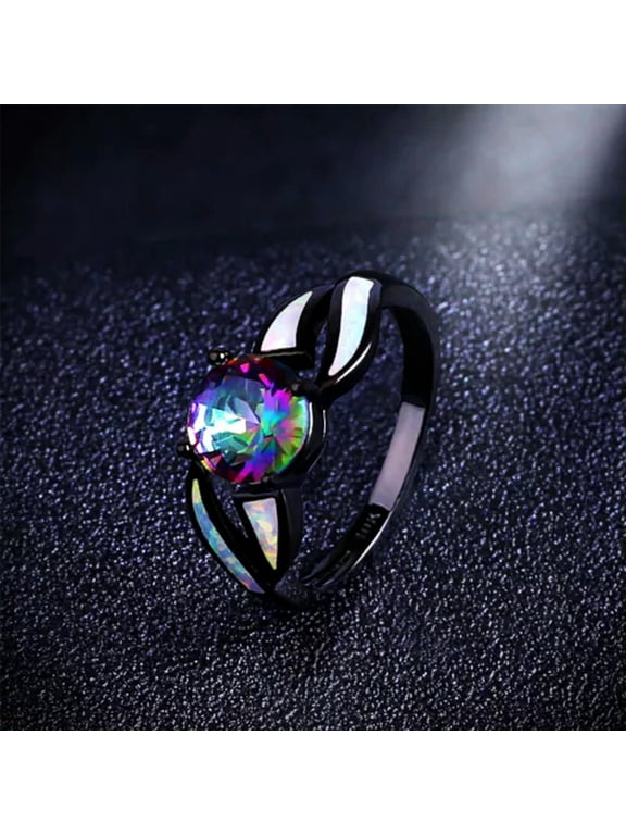 Mystic Rainbow Opal Band Men/Women 10KT Black Gold Filled Wedding Ring Size 6-10
