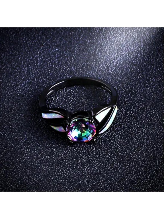 Mystic Rainbow Opal Band Men/Women 10KT Black Gold Filled Wedding Ring Size 6-10