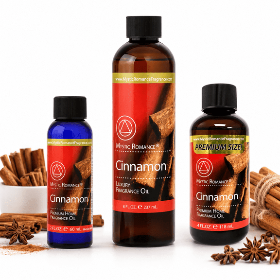 Mystic Romance Cinnamon Home Fragrance Oil Set – Premium Warm Spice Scented Oil for Diffusers, Reed Diffuser Refills, Oil Burners & Home Scenting – 8 fl oz, 4 fl oz & 2 fl oz Bottles