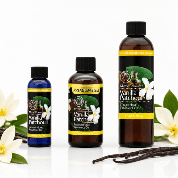 Mystic Romance Vanilla & Patchouli Home Fragrance Oil Set Premium Scented Oil for Diffusers, Reed Diffuser Refills, Oil Burners and Home Scenting 8 fl oz, 4 fl oz and 2 fl oz
