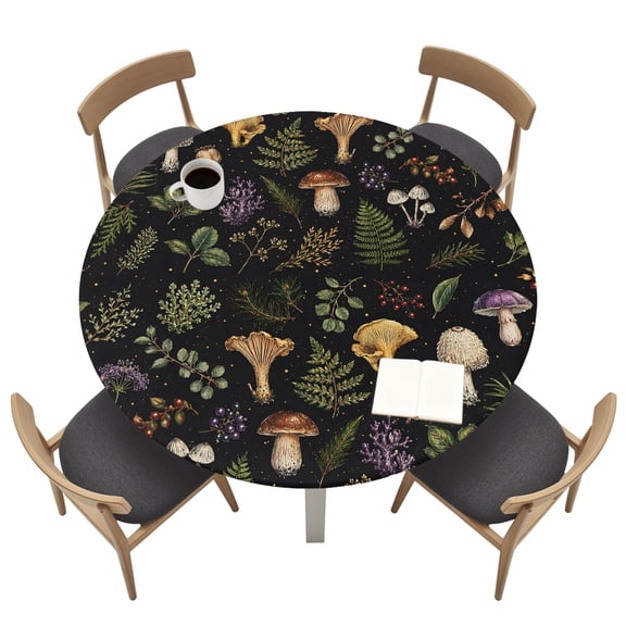 Mystic Round Fitted Tablecloth with Elastic Edged, Abstract Moon Butterfly Flower Forest Mushrooms Waterproof Table Cover for Dinner Outdoor Picnic Fits Round Tables up to 36"- 44" Diameter