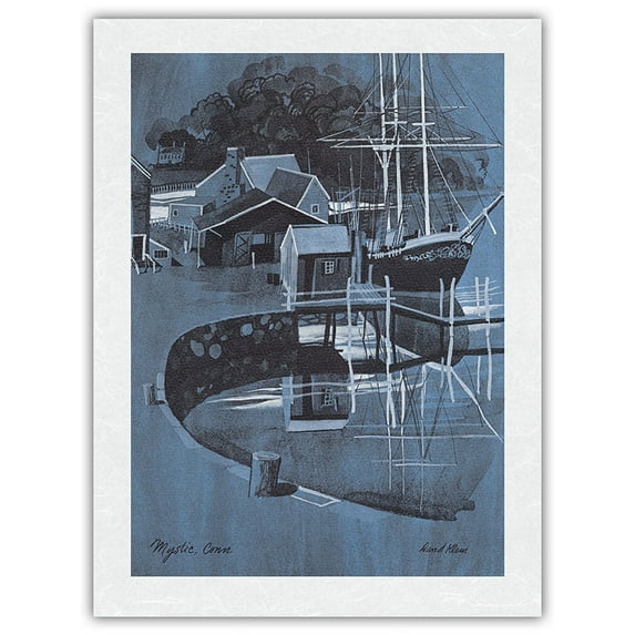 Mystic Seaport Connecticut - Vintage Travel Poster by David Klein c.1968 - Japanese Unryu Rice Paper Art Print (Unframed) 18 x 24 in