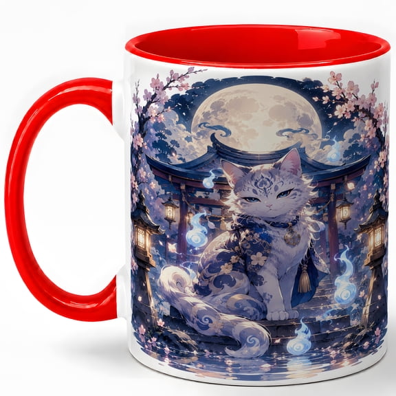 Mystic Shrine Cat Coffee Mug, Fantasy Cat Lover Mug, Japan Inspired Birthday Christmas Gift, Moon Cherry Blossom Lantern Spirit Art, 11 oz White Ceramic Coffee Cup