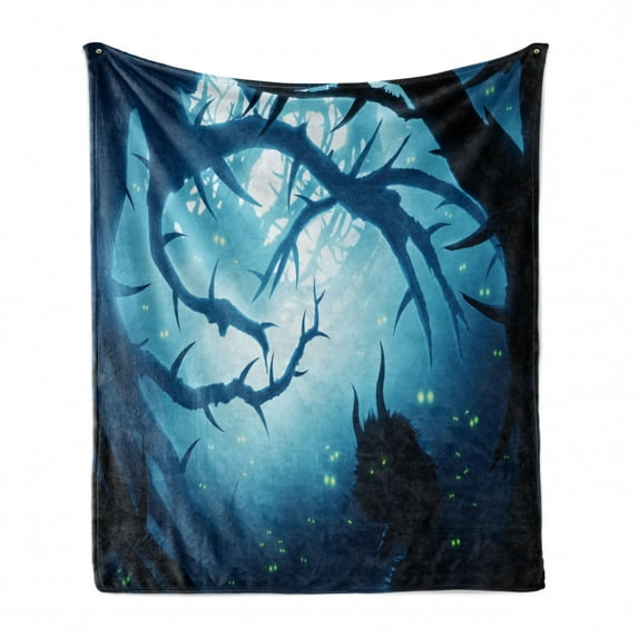 Mystic Soft Flannel Fleece Blanket, Animal with Burning Eyes in the Dark Forest at Night Horror Halloween Illustration, Cozy Plush for Indoor and Outdoor Use, 70" x 90", Navy White, by Ambesonne
