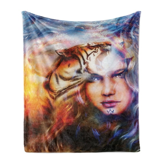 Mystic Soft Flannel Fleece Blanket, Mighty Tiger and Lion Head with Woman Face on Ornamental Background Artwork, Cozy Plush for Indoor and Outdoor Use, 60" x 80", Yellow Brown Blue, by Ambesonne