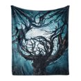 thumbnail image 1 of Mystic Soft Flannel Fleece Throw Blanket, Big Tree Thorns Branch in Spooky Night Fantasy Halloween Illustration Print, Cozy Plush for Indoor and Outdoor Use, 50" x 70", Teal White, by Ambesonne, 1 of 5