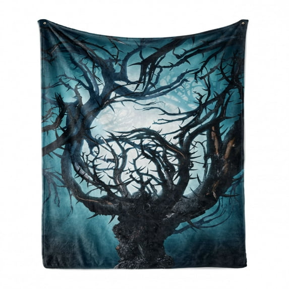 Mystic Soft Flannel Fleece Throw Blanket, Big Tree Thorns Branch in Spooky Night Fantasy Halloween Illustration Print, Cozy Plush for Indoor and Outdoor Use, 60" x 80", Teal White, by Ambesonne
