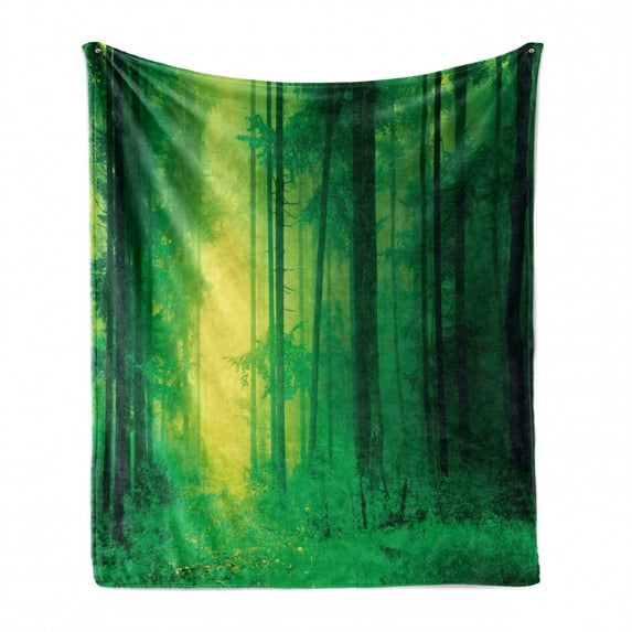 Mystic Soft Flannel Fleece Throw Blanket, Fantasy Warm Season Springtime Forest Tall Trees Fairytale Twilight Art Print, Cozy Plush for Indoor and Outdoor Use, 70" x 90", Green, by Ambesonne