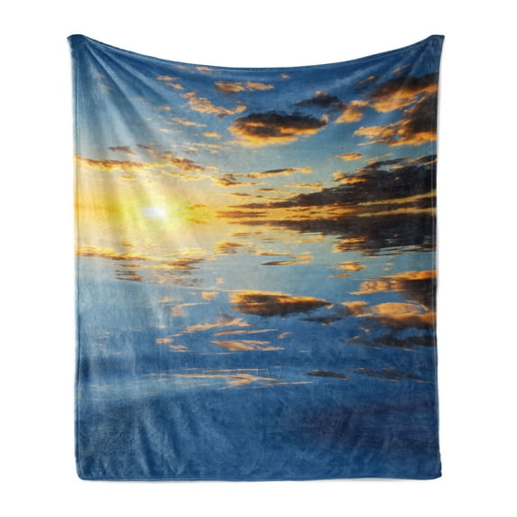 Mystic Soft Flannel Fleece Throw Blanket, Last Sun Rays of the Day Vibrant Scenery Romantic Dreamy Tropical Vacation Image, Cozy Plush for Indoor and Outdoor Use, 50" x 60", Yellow Blue, by Ambesonne
