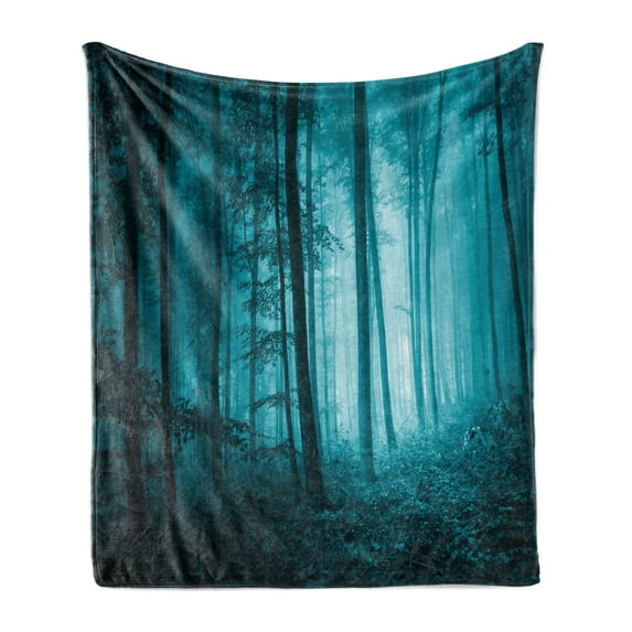 Mystic Soft Flannel Fleece Throw Blanket, Magic Foggy Dark Forest Foliage Landscape Countryside Monochromic Art Print, Cozy Plush for Indoor and Outdoor Use, 70" x 90", Teal, by Ambesonne
