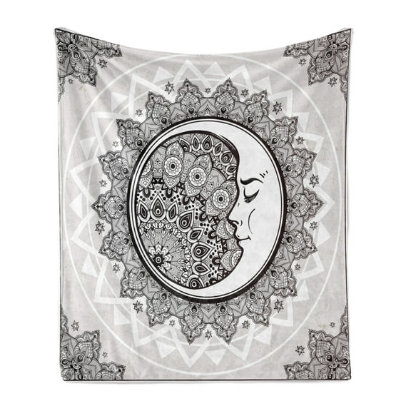 Mystic Soft Flannel Fleece Throw Blanket, Ornate Crescent Moon with Stars and Mandala Eastern Graphic, Cozy Plush for Indoor and Outdoor Use, 60" x 80", White Beige and Black, by Ambesonne