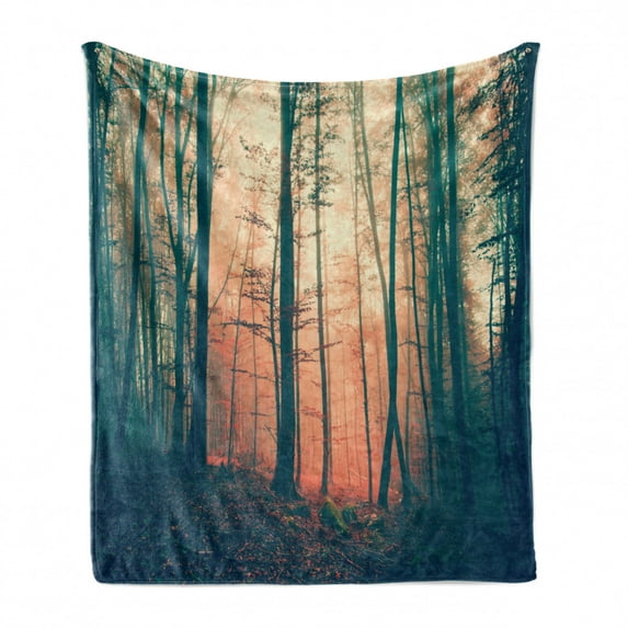 Mystic Soft Flannel Fleece Throw Blanket, Pale and Vintage Color in Mysterious Autumn Forest Woodland Nature Picture, Cozy Plush for Indoor and Outdoor Use, 70" x 90", Coral Dark Green, by Ambesonne