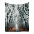 thumbnail image 1 of Mystic Soft Flannel Fleece Throw Blanket, Road Towards the Cloudy Autumn Sky Trees Golden Yellow Leaves on the Ground Artwork, Cozy Plush for Indoor and Outdoor Use, 60" x 80", Grey Red, by Ambesonne, 1 of 5