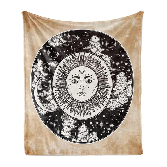 Mystic Soft Flannel Fleece Throw Blanket, Sun Face in a Circle Motif Esoteric Inner Power of the Cosmos Theme, Cozy Plush for Indoor and Outdoor Use, 60" x 80", Black White Cream, by Ambesonne