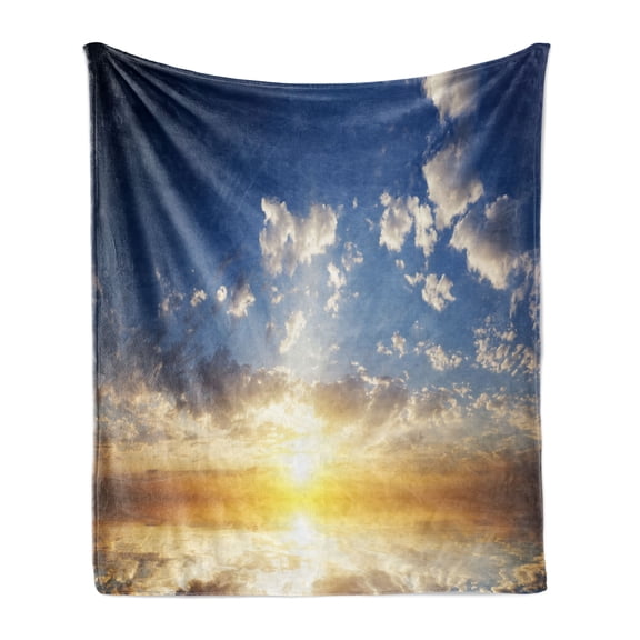 Mystic Soft Flannel Fleece Throw Blanket, Sunset Reflection on the Sea View Sun Rays Vivid in Horizon Image, Cozy Plush for Indoor and Outdoor Use, 50" x 70", Yellow Brown Blue, by Ambesonne