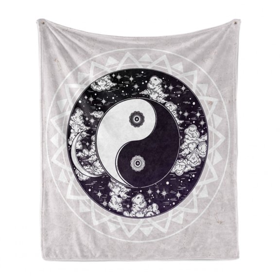 Mystic Soft Flannel Fleece Throw Blanket, Yin-Yang with Round Pattern Represents the Universe Boho Design, Cozy Plush for Indoor and Outdoor Use, 50" x 60", Black White Beige, by Ambesonne