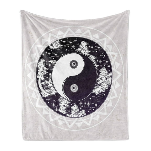 Mystic Soft Flannel Fleece Throw Blanket, Yin-Yang with Round Pattern Represents the Universe Boho Design, Cozy Plush for Indoor and Outdoor Use, 60" x 80", Black White Beige, by Ambesonne