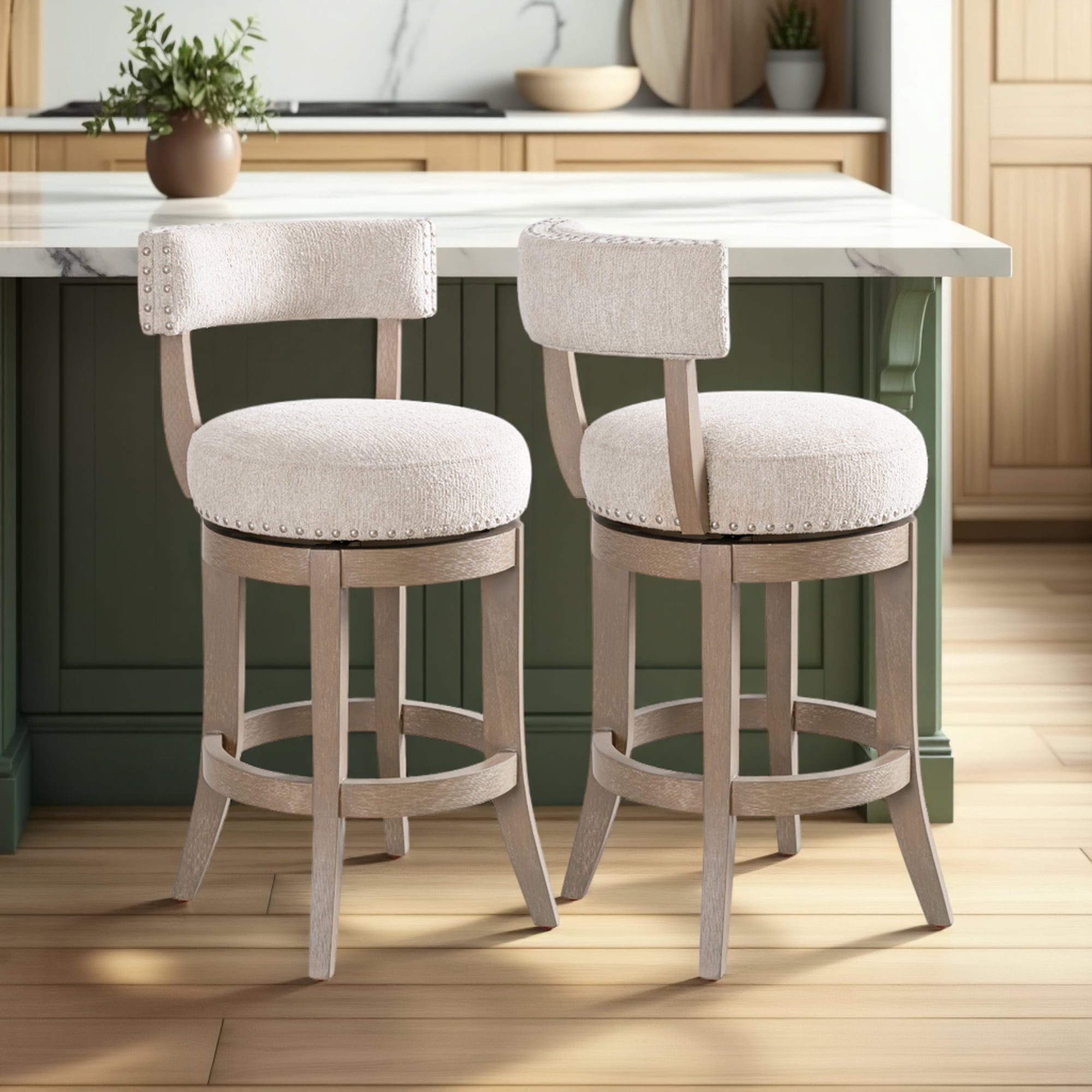 Mystic Solid Wood Upholstered 26" Counter Height Swivel Barstool with Ancient Stone Fabric Seat - Set of 2