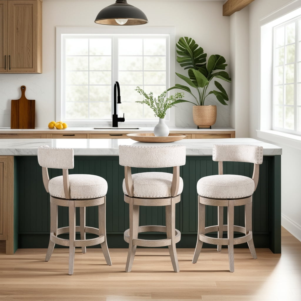 Mystic Solid Wood Upholstered 26" Counter Height Swivel Barstool with Ancient Stone Fabric Seat - Set of 3