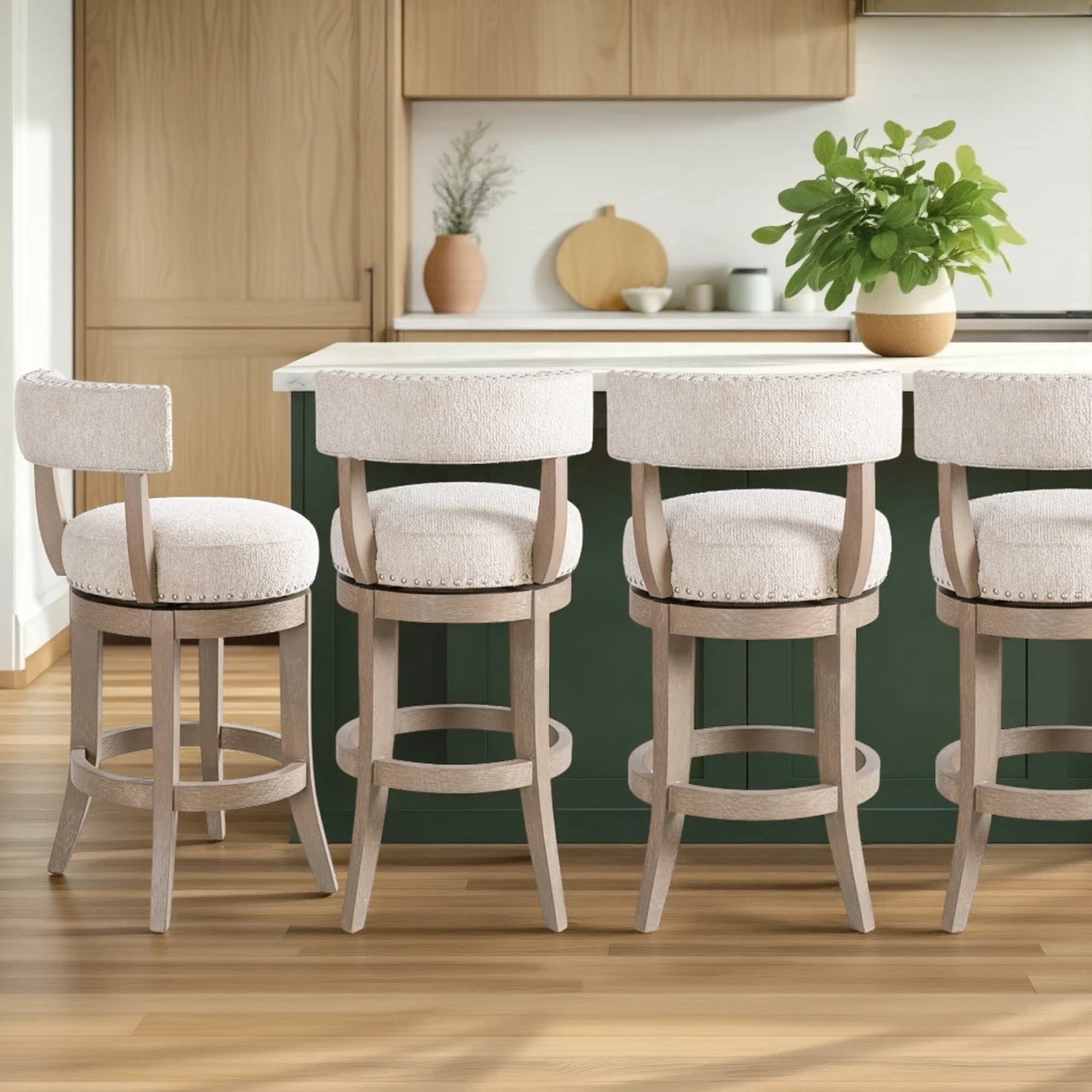 Mystic Solid Wood Upholstered 26" Counter Height Swivel Barstool with Ancient Stone Fabric Seat - Set of 4