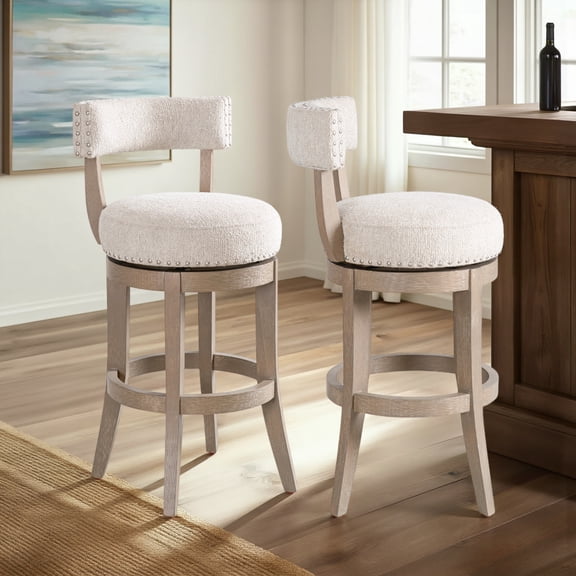 Mystic Solid Wood Upholstered 30" Bar Height Swivel Barstool with Ancient Stone Fabric Seat - Set of 2