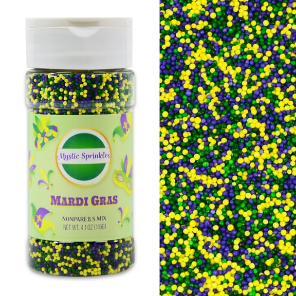 Mystic Sprinkles Mardi Gras Nonpareil Mix 4.1 Ounce Bottle