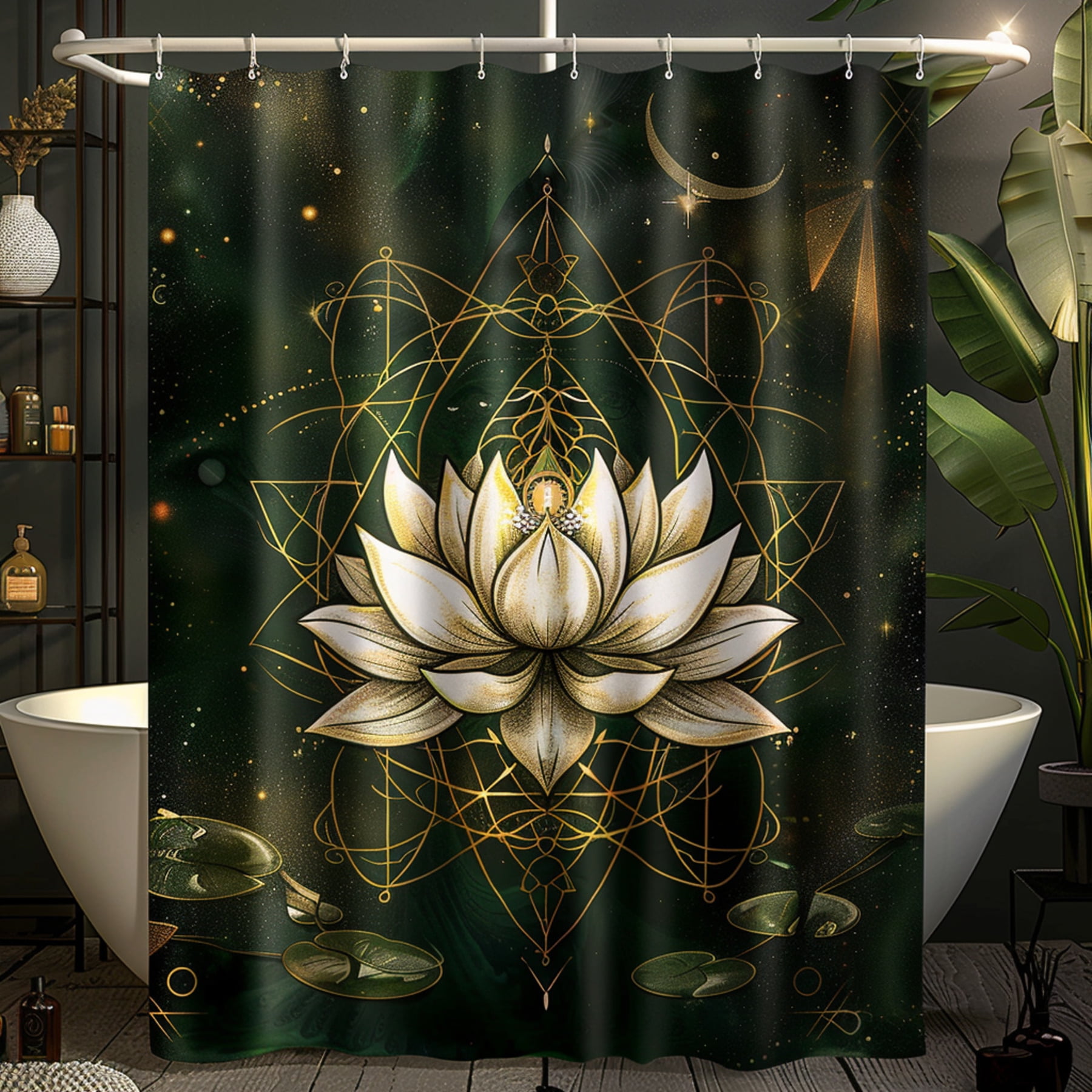 Mystic Symbolism Shower Curtain White Lotus Flower on Dark Green with