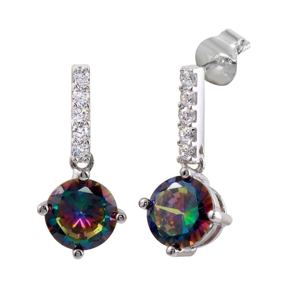 Mystic Synthetic Topaz & Clear CZ Hanging Earrings Sterling Silver