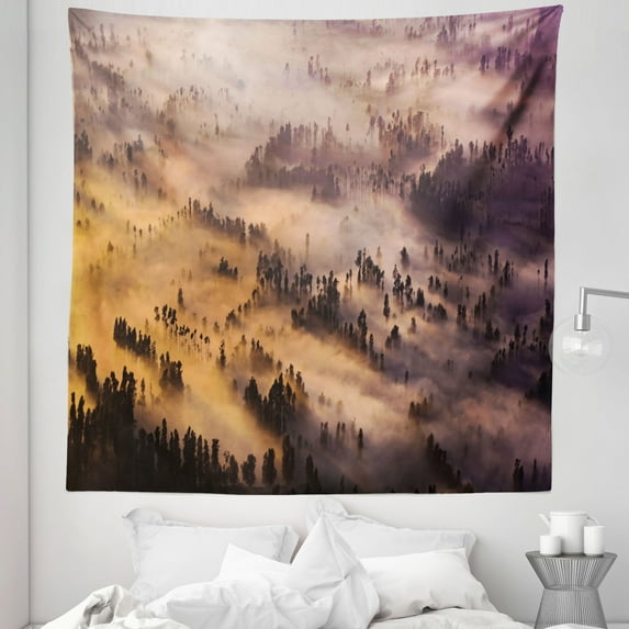 Mystic Tapestry, Sunrise over a Foggy Mystic Forest Summer Morning Time Wildlife Scenic Picture, Fabric Wall Hanging Decor for Bedroom Living Room Dorm, 5 Sizes, Yellow Brown, by Ambesonne