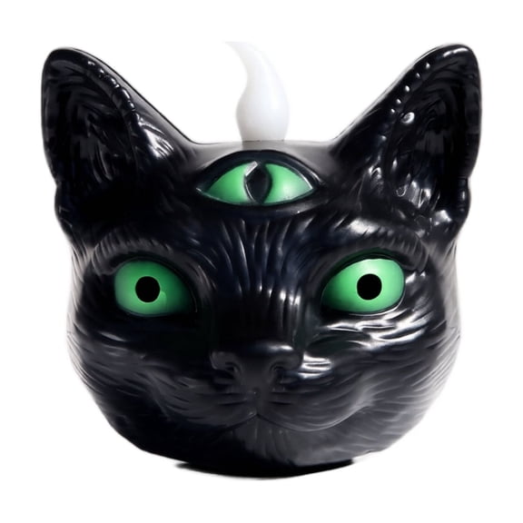 Mystic Three Eyed Cat Glow Statue, White & Black Witch Cat Head LED Light for Fall Dark Holiday Bedroom Desk Decor Gift