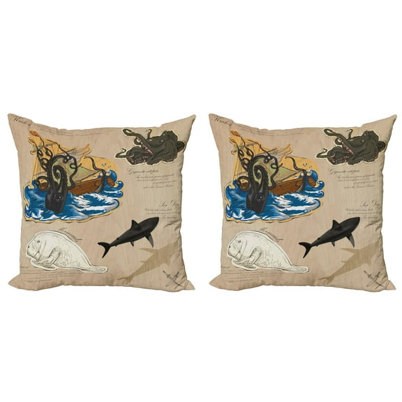Ambesonne Nautical Throw Pillow Cover 2 Pack, Sea Monsters Pirate, 18", Multicolor