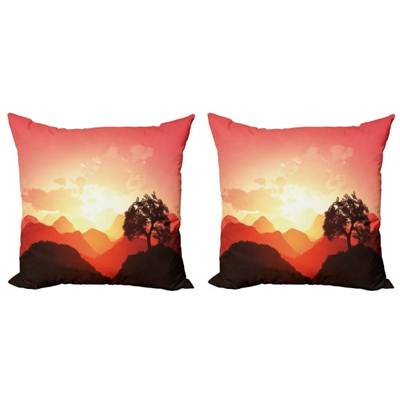 Ambesonne Nature Throw Pillow Cover 2 Pack, Sunset Tree Mountains, 16", Coral Orange Dark Brown