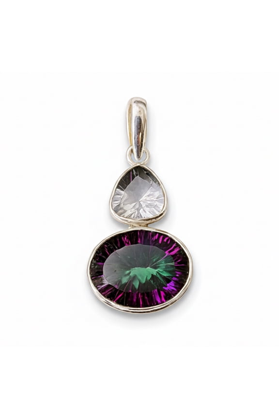 Mystic Topaz Clear Quartz Pendant in 925 Silver, Handmade Multi Stone Necklace Pendant, Gift for Women