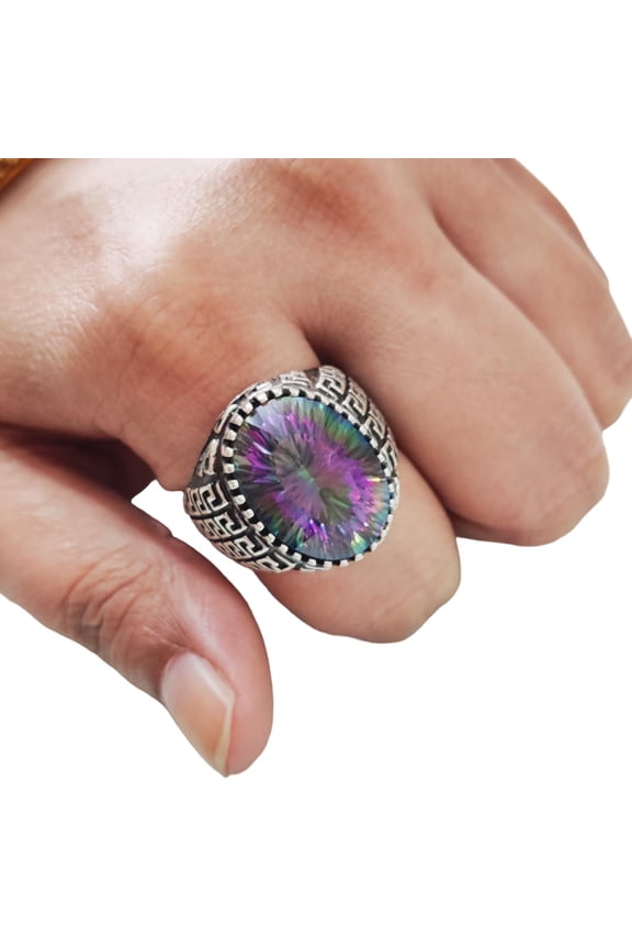 Mystic Topaz Mens Ring, Natural Mystic Topaz Ring, November Birthstone Topaz, Silver Jewelry, 925 Silver Ring, Birthday Gift, Heavy Mens Ring, Arabic Oxidized Mans Ring, Christmas, Mens Signet Ring