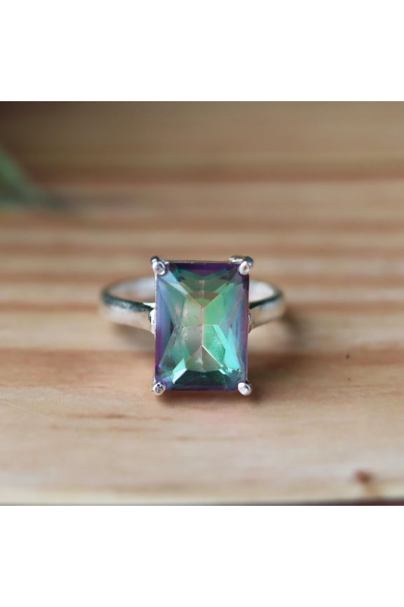 Mystic Topaz Ring, 925 Silver Ring, Rainbow Gemstone Ring, Emerald Cut Ring, Iridescent Crystal Ring, Prism Ring, Cocktail Ring, Boho Ring