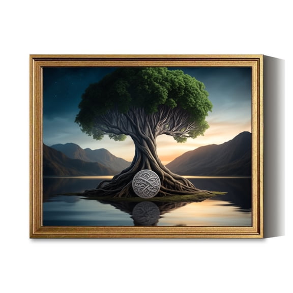 Mystic Tree Lake Mountain Vintage Gold Framed Wall Art Decor Retro Canvas Paintings for Living RoomBedroom