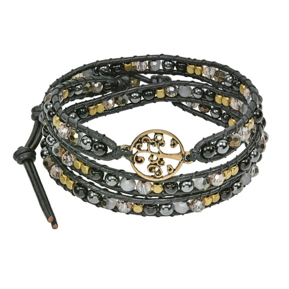 Mystic Tree of Life on Genuine Leather and Black Beads Wrap Bracelet