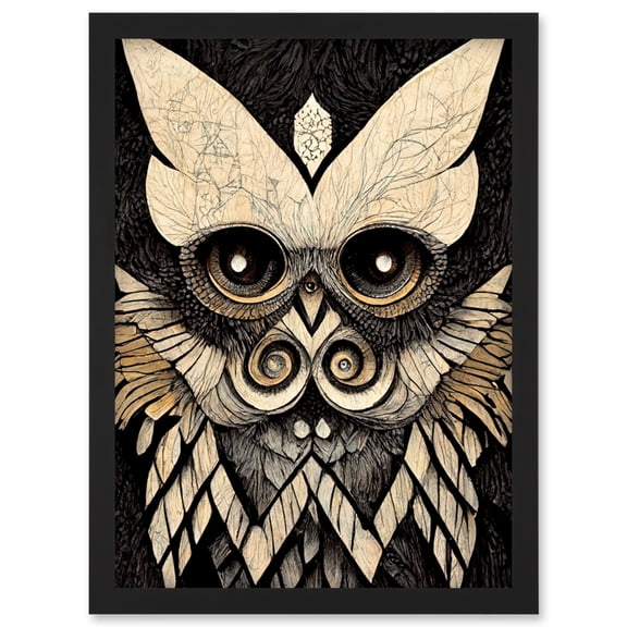 Mystic Tribal Owl Wood Carving Totem Pole Artwork Framed Wall Art Print A4